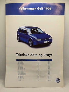Brosjyre - 1998 Volkswagen Golf IV.  Tekniske data.